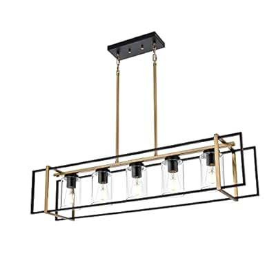 Lucidce 5-Light Farmhouse Chandeliers Black Brass Island Lighting Dining Room Pendant Light Fixtures with Clear Glass Shades Rectangular Hanging Lighting for Kitchen