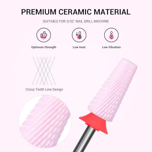 Image of MelodySusie 5 in 1 Nail Drill Bits, 3 /32'' Ceramic Cross Cut Bits, Suitable for Manicure Pedicure Cuticle Gel Polishing, Pink, Series Bit-M, Fine