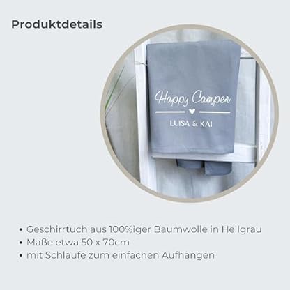 Geschirrtuch als Geschenk "Happy Camper" | personalisierte Geschenkidee für Camper mit Namen | Geschirrhandtuch Baumwolle als Geschenk zum Camping – Bild 4