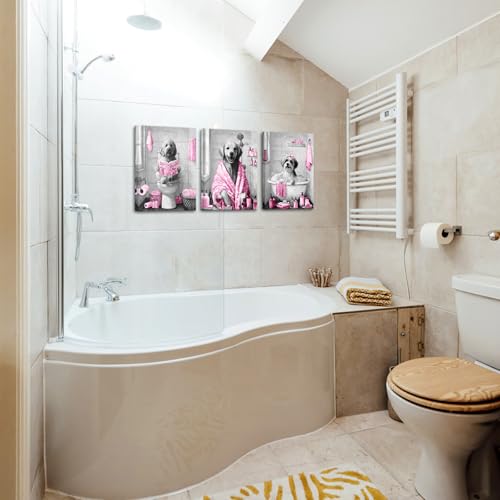 Image of sechars Funny Dogs Bathroom Wall Art Grey and Pink Bath Decor Cute Animal Painting Canvas Print (Pink)