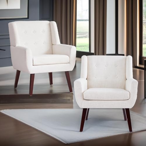 HUIMO Upholstered Accent Chairs Set of 2,Button-Tufted Reading Comfy Living Room Chair with Wooden Legs,Mid Century Modern Chair with Linen Fabric,Club Chair Comfy Arm Chairs for Bedroom,Beige - Image 4