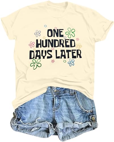 100 Days of School Shirt 100 Days of School Shirt Teacher Women 100th Day Casual Short Sleeve Tee Top Apricot