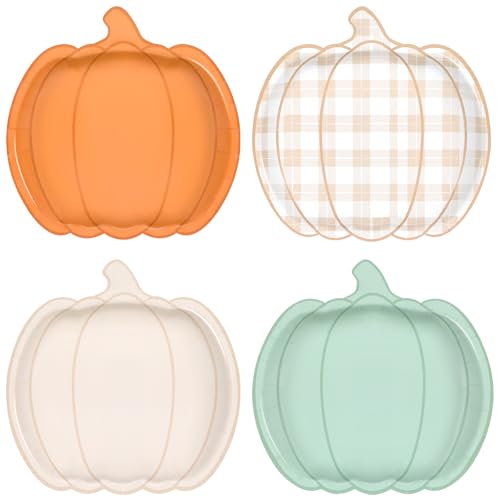 ojustbeok 48Pcs Fall Pumpkin Paper Plates Thanksgiving Party Supplies Orange Pumpkin Shape Tableware Disposable Autumn Plaid Party Dinner Plate for Harvest Halloween Dinning Party Decorations Favors