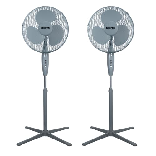 GEEPAS 16” Pedestal Free Standing Cooling Fan | 3 Speed 3 Blades Wide Angled Oscillation | Pivoting Head & Adjustable Height | Powerful Airflow Floor Fan | Home Office Use Grey 45W Pack of 2