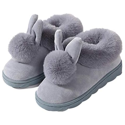 JMAHM Home Shoes Cotton Slippers Memory PVC Women's Shoes Plush Rabbit Pompom Non-Slip Indoor and Outdoor (5/6 UK Women, Gray) Cover