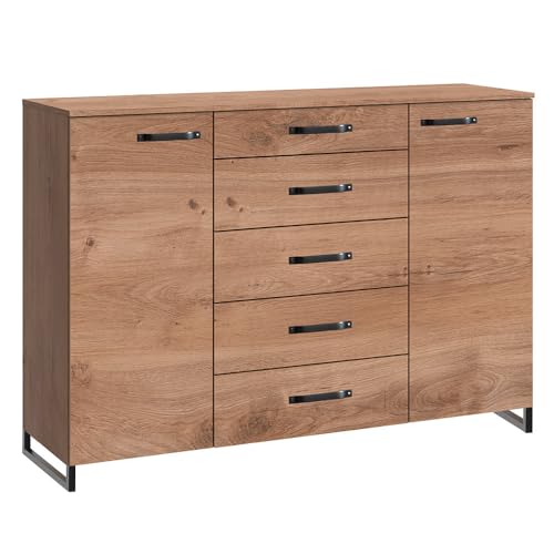 Lomadox Schlafzimmer Set 5-TLG. mit Bett 160x200, Schwebetürenschrank 200cm, Kommode, 2 Nachttische in Eiche mit Stahl Nb., Industrial Design – Bild 7