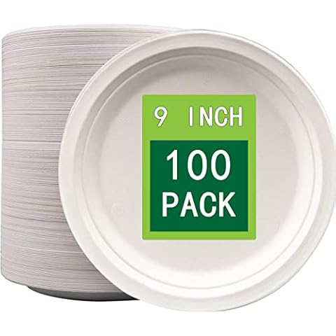 KMAKII Super Rigid Paper Plates, Extra Strength White Disposable Bagasse Plates,Eco-Friendly,Biodegradable and Compostable - 9inch - 100 Pack - Perfect for Picnics, BBQs,and Parties Cover