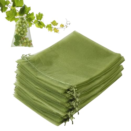 100 Piezas Bolsas Protectoras para Uvas, 20X30cm Cordón Bolsa para Proteger Fruta，Protege contra Avispas, Moscas de la Fruta, Pájaros y Otros Insectos, Verde Militar
