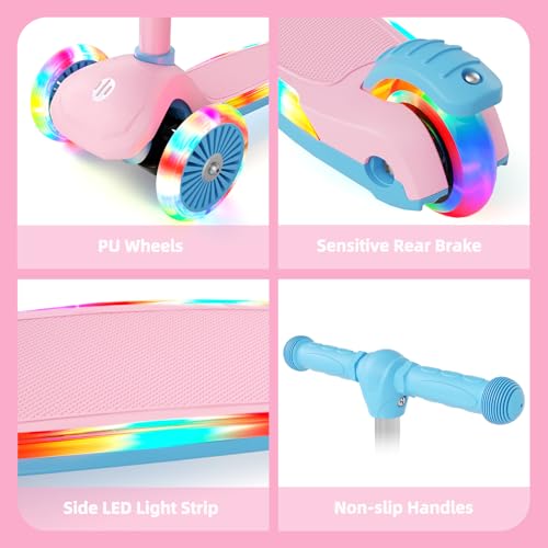 Image of XJD Toddler Scooters for Kids 3-8, 3 Wheel Scooters for Kids 110lbs, LED Light-Up Wheels and Side, 3 Adjustable Height, Lean-to-Steer, Birthday Gift Toy for 3-8 Year Old Girl Boy