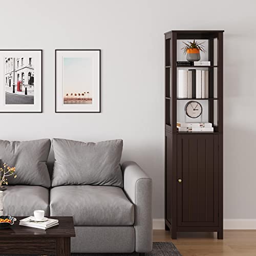 Yaheetech Tall Bathroom Storage Cabinet With Door And Shelves, 3 Tier Narrow Toilet Organizer With Open Shelves, Thin Corner Freestanding Floor Cabinet, 63 In H, Espresso #TOP2