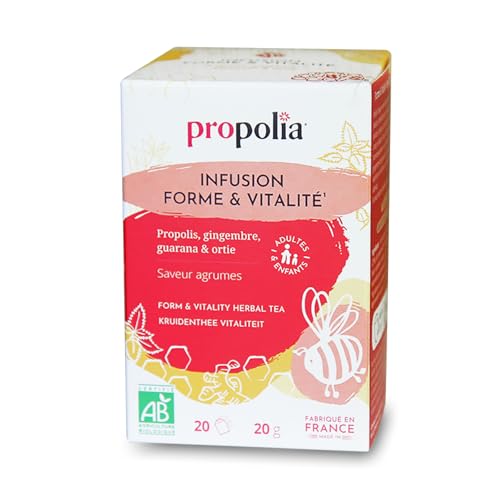 PROPOLIA - Bio - Infusion forme & vitalité - Propolis, Gingembre, Guarana & Ortie - Fabriquée en France - 20 Sachets