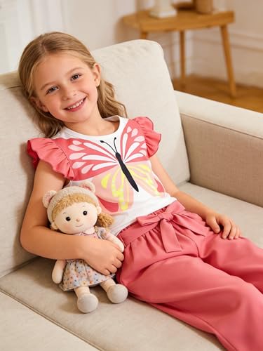 Image of Toddler Kid Girl Clothes Casual Ruffle Sleeve Floral Printed Top Solid Pants with Belt 3PC Outfit Set