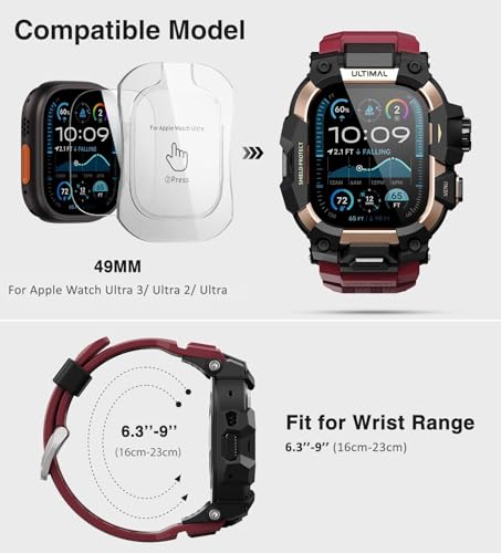 Image of ULTIMAL Rugged Case with Band for Apple Watch 49mm,Compatible with Apple Watch Ultra 3 /2 /1, Military Grade Shockproof Bumper Cover for iWatch Tactical Band Men (49mm,Red)