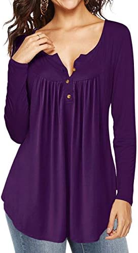 AMCLOS Womens Solid Tops V Neck T-Shirts Swing Ruffle Blouses Button up Tunic Casual Flowy Loose Long Sleeve(Purple,XL)