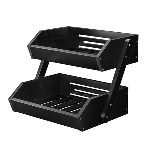 CALM COZY Soporte de bambú para Cesta de Frutas, 2 Niveles Estante para Frutas,Cesta de Almacenamiento de Pan, Soporte para Verduras para encimera de Cocina, Negro
