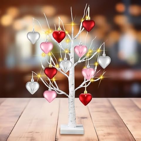 Valentines Day Decorations 24" Lighted Valentines Heart Tree，Pre-lit White Birch Tree with 12pcs Heart Tree Ornaments for Wedding Party Birthday Home Spring Decoration (1 Pack) Cover