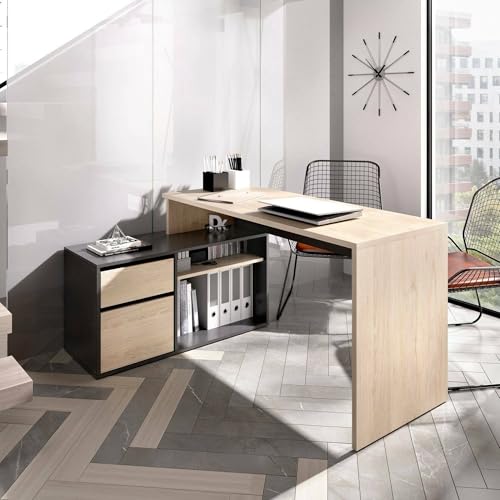 Dmora - Bureau Gardena, bureau multi-positions pour bureau ou chambre, table d'étude d'angle polyvalente, 139 x 92 h75 cm, chêne et anthracite