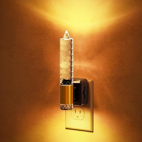 JandCase Night Light, Flameless Candle Amber Night Lights Plug into Wall, Auto On/Off Light Sensor LED Crystal Dimmable Nightlight, 0-100LM Decorative nite light for Adults Bathroom Hallway, 1Pack