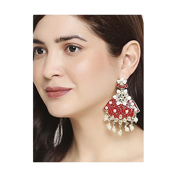 Fabula by OOMPH Jewellery Red Meenakari & Kundan Pearls Floral Large Ethnic Drop Earring For Women & Girls Stylish Latest - Image 3