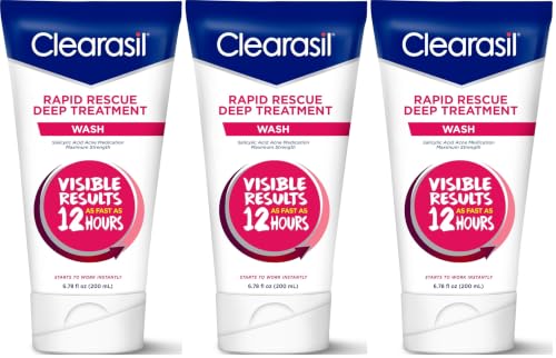 Clearasil Rapid Rescue Deep Treatment Acne Face Wash, Maximum Strenght with 2% Salicylic Acid Acne Medication, Acne-Facial Cleanser, 6.78 fl oz (Pack of 3)