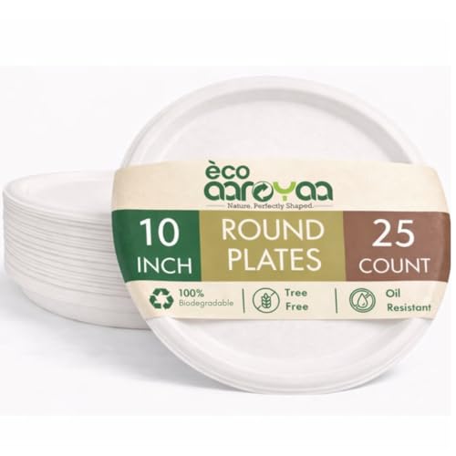 Image of Eco Aaroyaa Round Bagasse 10-Inch Disposable Plates - Eco-Friendly Disposable Plate for Food - Biodegradable Use and Throw Plates - Strong and Sturdy, Oil & Water Resistant (Pack of 25)