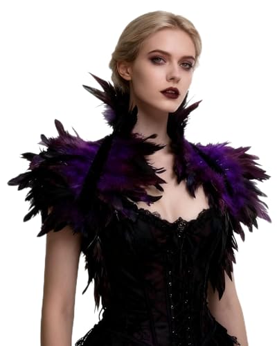ZAKIA Gothic Natural Feather Shrug Cape Shawl Stole Shoulder Wrap Collar for Halloween Raven Costume (Purple)
