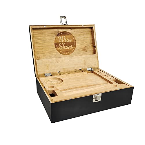Wise Skies Wooden Rolling Box - Boxes with Hinged Lids Rolling Tray Storage (X - Large - Black)