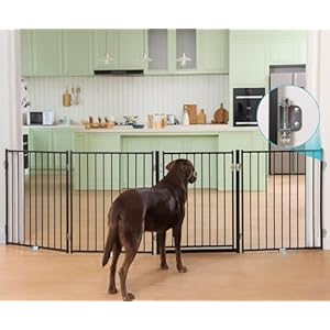 No Pawblems Free Standing Dog Gate with Door, 30” Tall Foldable Dog Fence for Indoor & Outdoor, Up to 104 Inch Extra Wide Puppy Gate for Stairs, Hallways, Doorways, Deck, Yard (Black, 4 Panels)