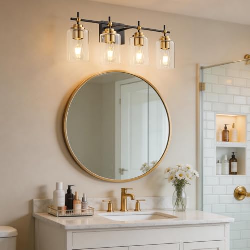Image of SOLFART Bathroom Light Fixtures 4-Lights: Black and Gold Vanity Lights for Bathroom Clear Glass Shades(Bulbs Not Included)