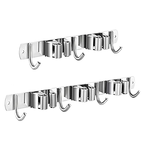 2Pcs Broom and Mop Holder Wall Mounted, Broom Holder, Stainless SteelÂ Broom Hanger, Heavy Duty Broom Hooks for Laundry Room, Garage, Garden, Bathroom ( 3 Racks 4 Hooks and 2 Racks 3 Hooks )