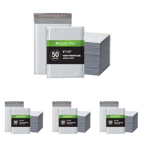Image of Quality Park Bubble Mailers,6 x 9 Inch,White Poly Mailers,Padded Envelopes,Shipping Envelopes,Water Resistant,Self Seal,50 Per Box (QUA85856),Plastic,(Pack of 4)