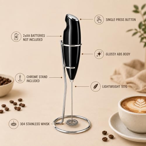 Image of AXEON Electric Milk Frother with Stand | Handheld Milk Frother for Coffee, Lattes, Milk, Hot Chocolates & Cream | Battery Operated Milk Foam Maker | Stainless Steel Whisk