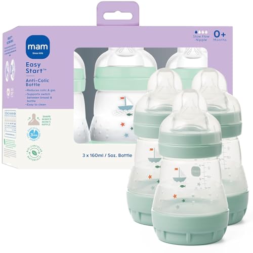 Image of MAM 5oz Easy Start Anti-Colic Wide Neck Vented Baby Bottle, Slow Flow Breastfeeding-Like Nipple,Reduces Colic Gas & Reflux, Easy Clean, BPA Free,0+ Months, Made in Europe,Bonus Medium Flow Nipple