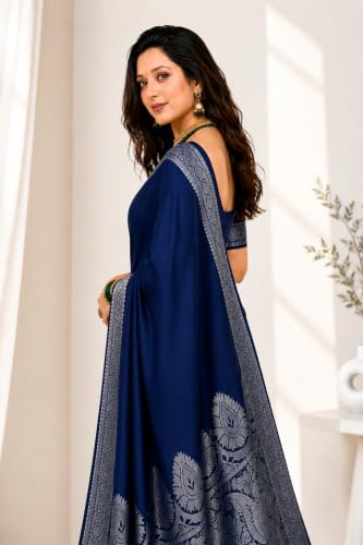 Image of Women's Glory Banarasi Satin Kanjivaram Saree Silver Zari Border Pure Soft Blend Silk Sari Kanchipuram Paithani Silk Party Wedding Festive New Ladies Sadi with Unstiched Blouse Piece.