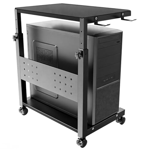 Computer Tower Ständer mit Rollen - Höhenverstellbar von 52 cm bis 77 cm 2 stöckiger PC Ständer mit Rollen und Maus Pad Max. Belastung pro Ebene 40 kg für Gaming Büro Zuhause Schwarz