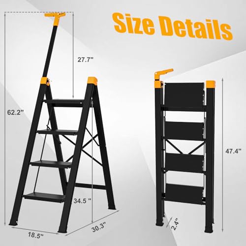 4 Step Ladder with Single-Handrail, Aluminum Step Stool Foldable, Lightweight Sturdy Step Ladder with Anti-Slip Pedals,Convenient Handrail for Home Kitchen Closet, 600lbs Max Load Capacity (Yellow) by AOPENG - Used condition - Image 2