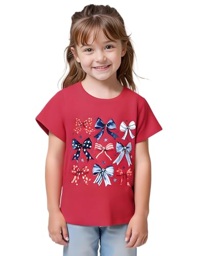 Image of Kids Toddler Little Girls 4th of July T-Shirt Coquette Red White & Blue Patriotic Bows Retro American Flag Top