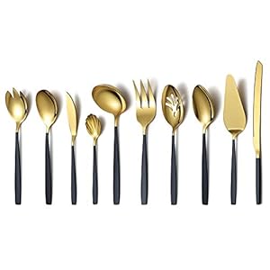 Black with Gold Silverware Serving Set 10 Pieces, Black Gold Flatware Serving Set, Serving Utensils, Include Slotted Spoon, Cake Server, Sugar Spoon, Soup Ladle, Wedding Cake Knife Ect