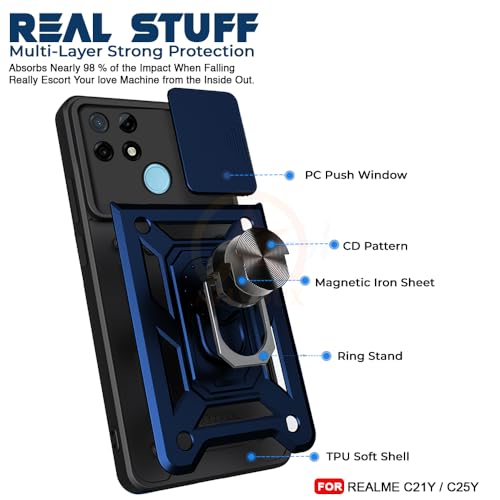 Image of Armor Bumper Back Cover Case for Realme C21Y / C25Y | Rotating Camera Cover, Ring Holder & Kickstand | Heavy Duty & 360 Degree Protection Realme C21Y / C25Y Back Cover (Blue)
