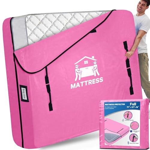 Image of Mattress Bags for Moving, BETU Mattress Protector Waterproof Mattress Cover Full Size Storage Bags with 8 Heavy-Duty Handles and Zipper for Bed Extra Thick Large Reusable (77 inchx57 inchx15 inch Pink)