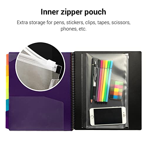 Mukawa 12 Pocket Poly Project Organizer, Spiral Project Folder Multi Pocket Folder Binder Letter Size, Back Cover Utility Pouch, 1/6 Cut Tabs, 6 Tab Color Dividers, Clear View Customizable Front Cover #TOP4