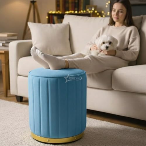 Image of Upholstered Round Linen Strip Stool Living Room Foot Rest Office Stool Pouf Ottoman Padded Seat (Sky Blue)
