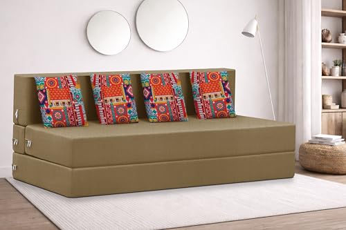 Image of Rosebell Four Seater Foldable Sofa Cum Bed (6x6 Feet) ? Jute Fabric, Washable Removable Cover, Includes Cushion | Space Saving Convertible Sofa Bed for Home, Office & Guests - Golden