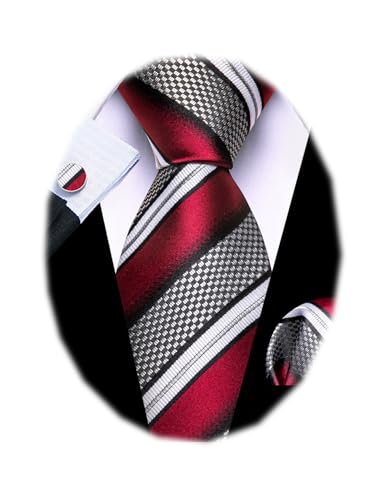 Image of Barry.Wang Man Stripe Ties Set Silk Woven Pocket Square Necktie Cufflinks Formal Party Business
