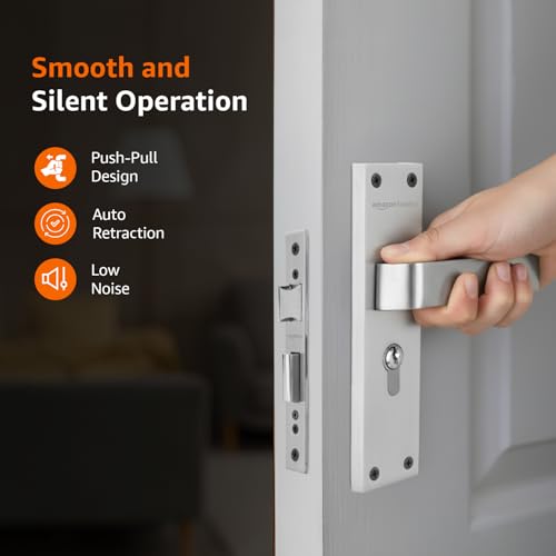 Image of Amazon Basics Heavy-Duty Door Lock Set | Mortise Door Lock Handlesets with 3 Brass Key for Home,Office,Hotel | Brass Lock Body & Cylinder | Silver