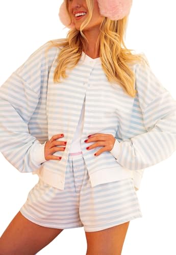 UAURORAO Women Striped Shorts Set Long Sleeve Button Down Cardigan Wide Leg Boxers 2 Piece Matching Outfits (Preppy Blue, Large)