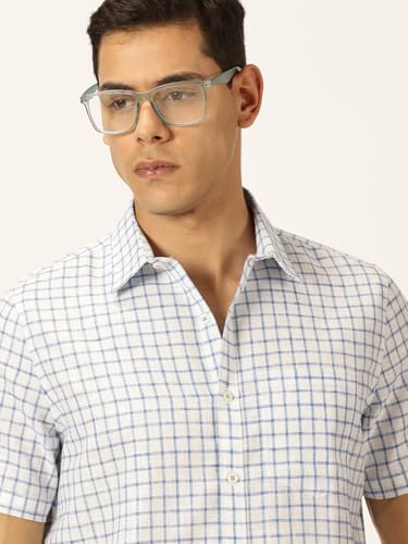 Image of Thomas Scott Men's | Checks | Half Sleeve | Slim Fit | Linen Blend | Spread Collar | Casual Shirt