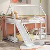 AEMSOFK Twin Over Twin Metal Floor Bunk Bed with Slide,Metal Junior House Twin Size House Bunk Bed Frame with Ladder & Roof for Boy Girl, No Box Spring Needed,Low Bunk Bed Frame with Convertible Slide