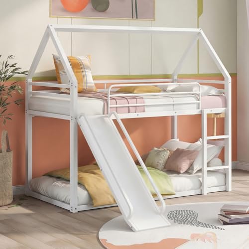 AEMSOFK Twin Over Twin Metal Floor Bunk Bed with Slide,Metal Junior House Twin Size House Bunk Bed Frame with Ladder & Roof for Boy Girl, No Box Spring Needed,Low Bunk Bed Frame with Convertible Slide