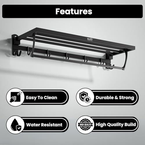 Image of Gloxy Premium Towel Holder in Bathroom with Towel Rod & Hooks - 24 Inch Black Matte Finish Stainless Steel Bathroom Towel Hanger for Wall Mount - Bathroom Towel Stand for Bathroom Accessories Set